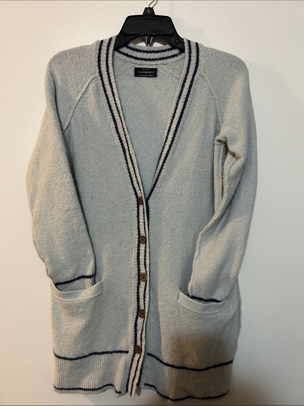 Lucky Brand Light Gray Cardigan with Navy Trim 90’s Preppy